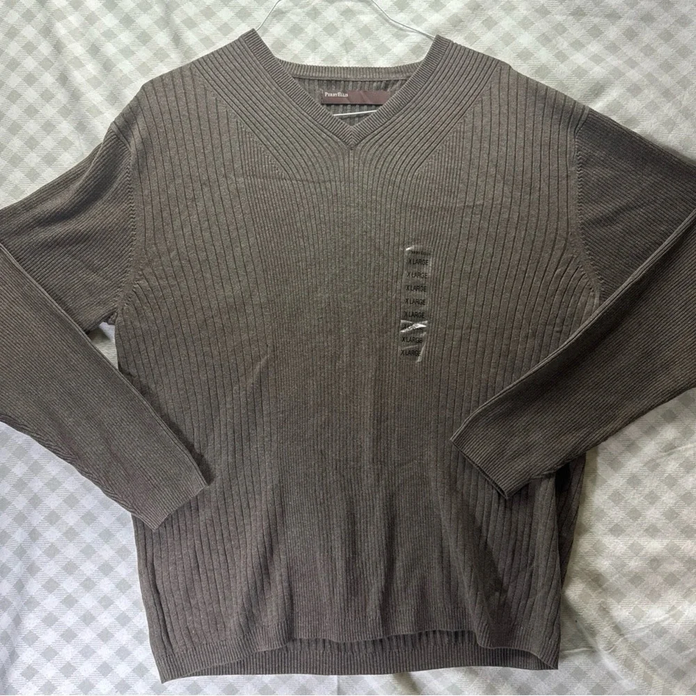 NEW Perry Ellis Sweater Mens XL Rye Heathered Cotton Ribbed V-Neck Pullover